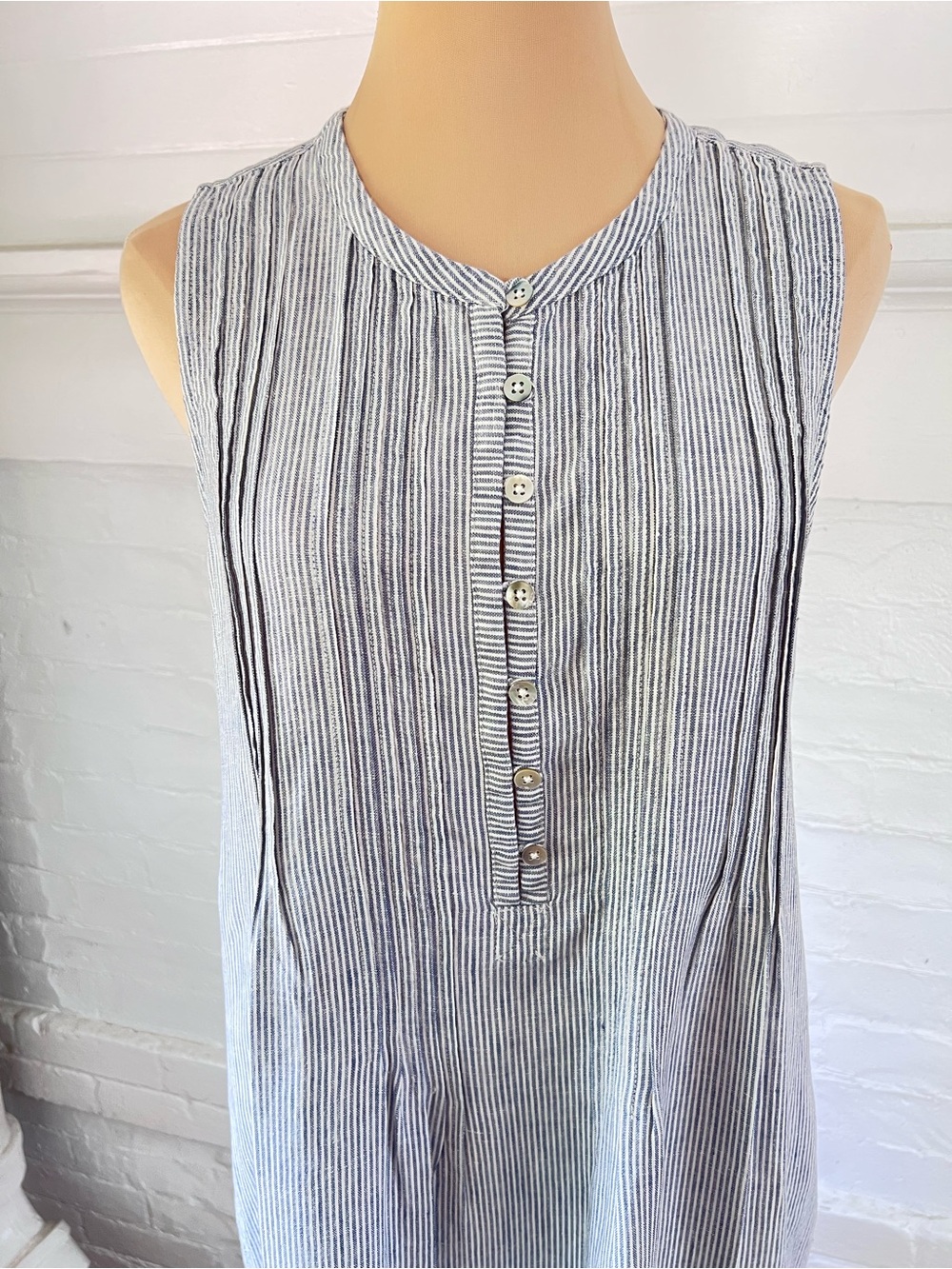 Faherty Sleeveless Mini Dress in White and Navy Pinstripe - Picture 5 of 13